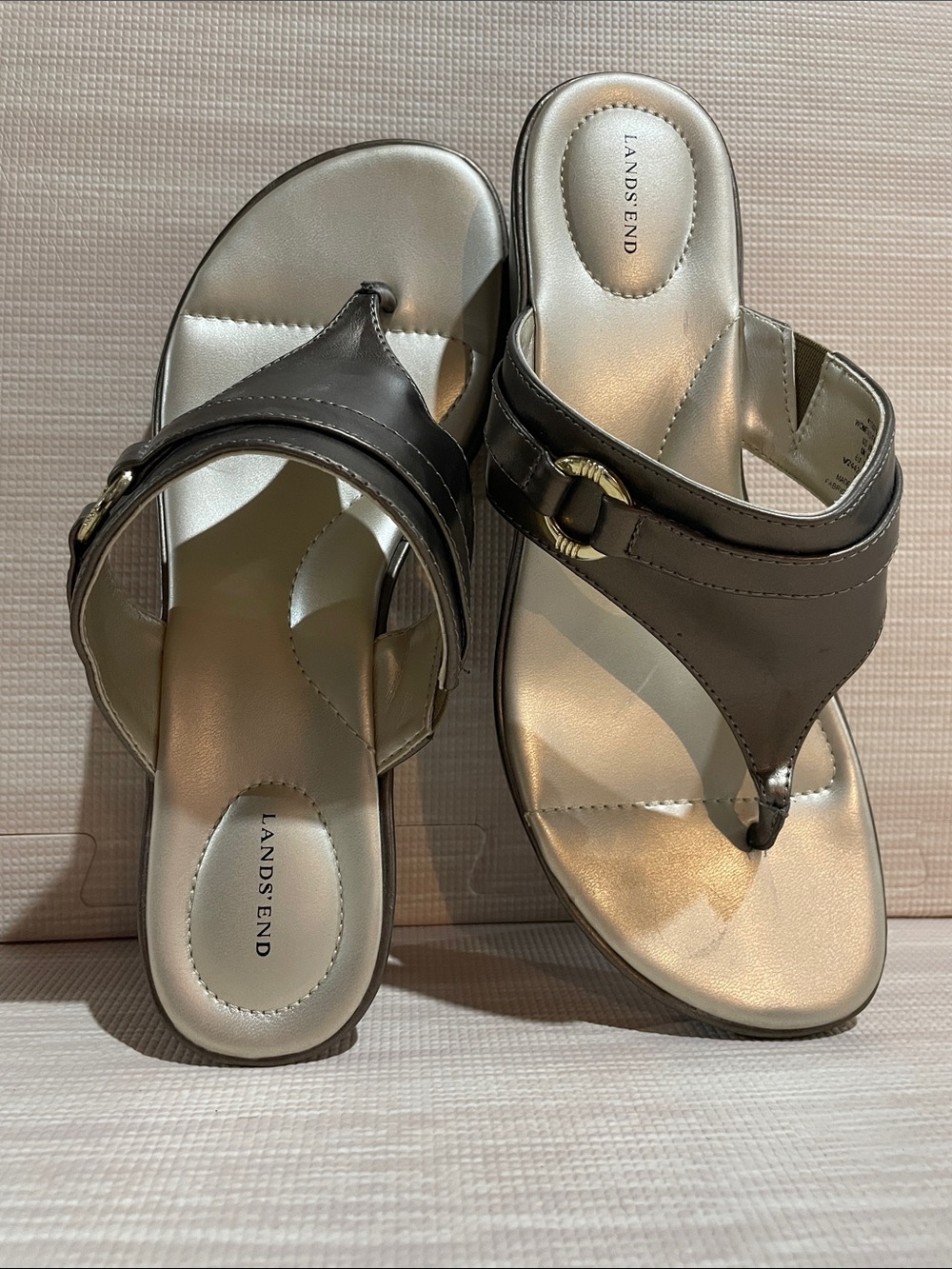 Lands' End Taupe Metallic Wedge Thong Sandals